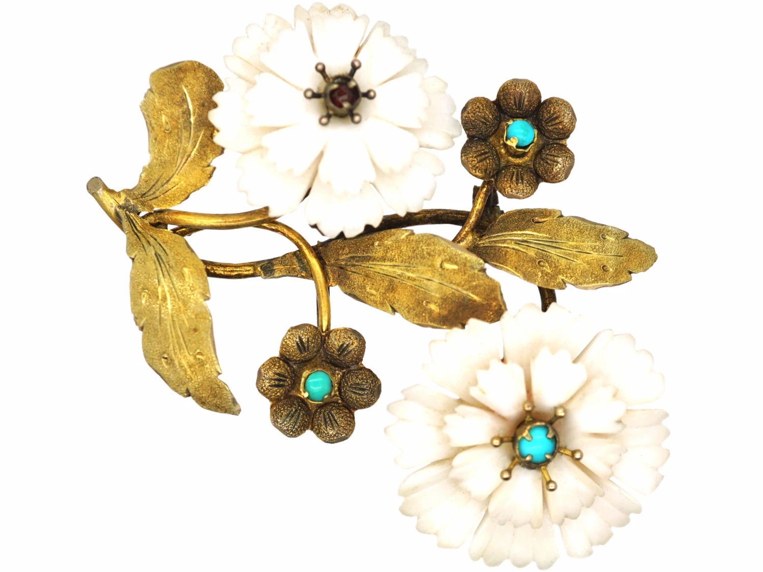 Georgian Two Colour 15ct Gold, White Coral & Turquoise Botanical Brooch 3 Georgian Two Colour 15ct Gold, White Coral & Turquoise Botanical Brooch