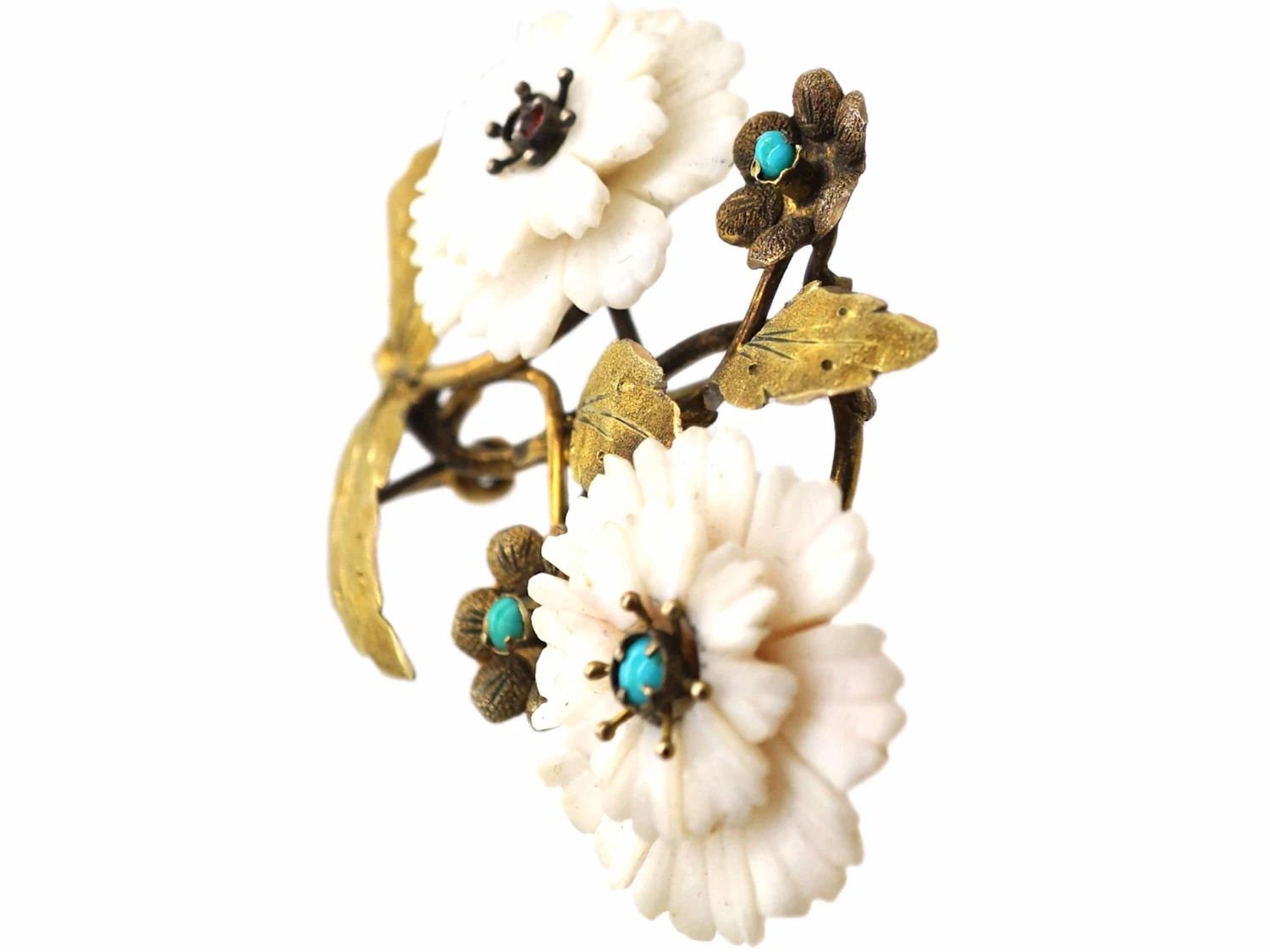 Georgian Two Colour 15ct Gold, White Coral & Turquoise Botanical Brooch 4 Georgian Two Colour 15ct Gold, White Coral & Turquoise Botanical Brooch - Image 2