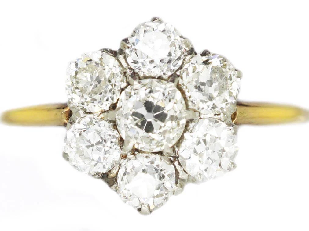 Edwardian 18ct Gold, Old Mine Cut Diamond Daisy Cluster Ring 3 Edwardian 18ct Gold, Old Mine Cut Diamond Daisy Cluster Ring