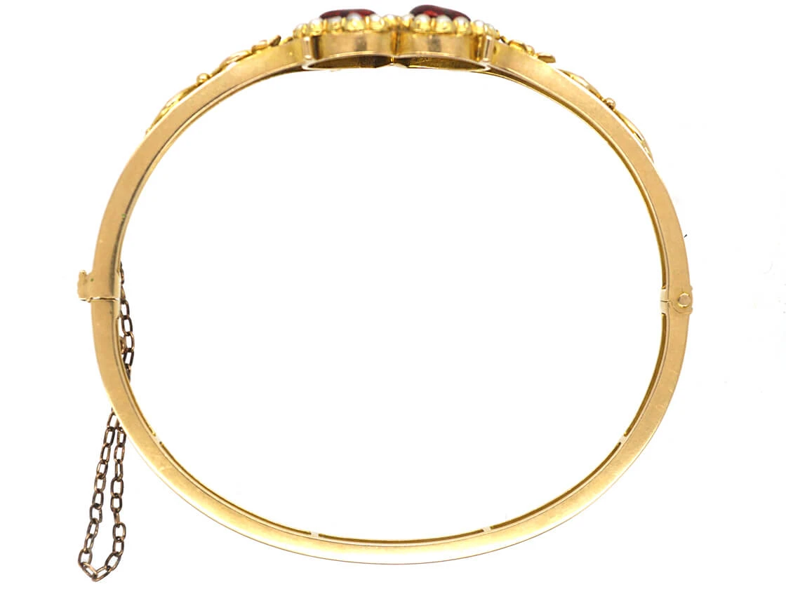 Edwardian 15ct Gold, Red Enamel & Natural Split Pearl Double Heart Bangle 5 Edwardian 15ct Gold, Red Enamel & Natural Split Pearl Double Heart Bangle - Image 3