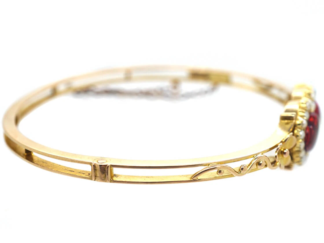 Edwardian 15ct Gold, Red Enamel & Natural Split Pearl Double Heart Bangle 6 Edwardian 15ct Gold, Red Enamel & Natural Split Pearl Double Heart Bangle - Image 4