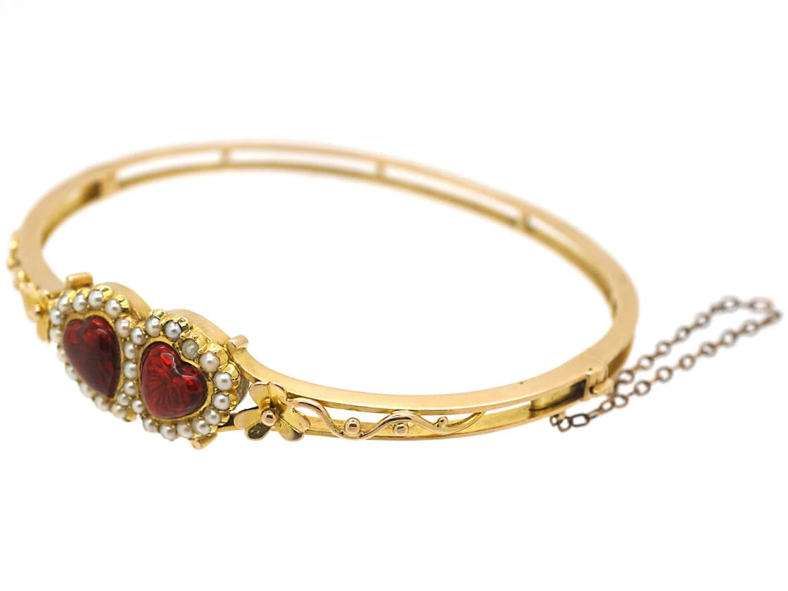 Edwardian 15ct Gold, Red Enamel & Natural Split Pearl Double Heart Bangle 8 Edwardian 15ct Gold, Red Enamel & Natural Split Pearl Double Heart Bangle - Image 6
