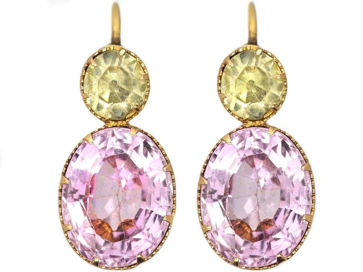 Early Victorian 18ct Gold Pink Topaz & Chrysoberyl Drop Earrings 3 Early Victorian 18ct Gold Pink Topaz & Chrysoberyl Drop Earrings