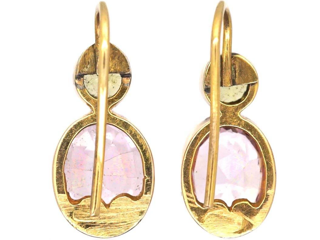 Early Victorian 18ct Gold Pink Topaz & Chrysoberyl Drop Earrings 4 Early Victorian 18ct Gold Pink Topaz & Chrysoberyl Drop Earrings - Image 2