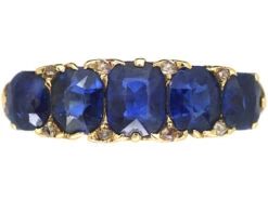 Victorian 18ct Gold Five Stone Sapphire & Rose Diamond Carved Half Hoop Ring