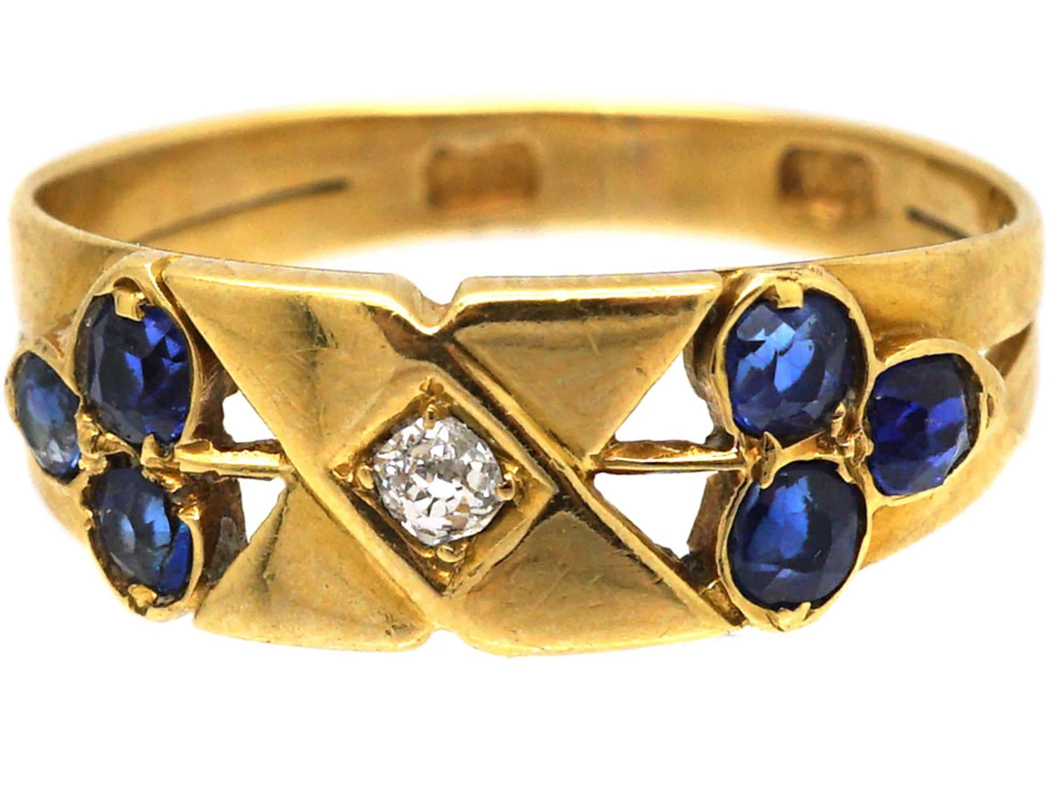 Edwardian 18ct Gold Kiss Ring Set With A Diamond & Sapphires 9 Edwardian 18ct Gold Kiss Ring Set With A Diamond & Sapphires - Image 7
