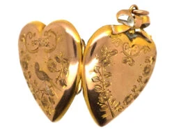 Edwardian 9ct Gold Back & Front Heart Shaped Locket With Swallow & Flowers Motif -Antique Jewellery Company DSC08878