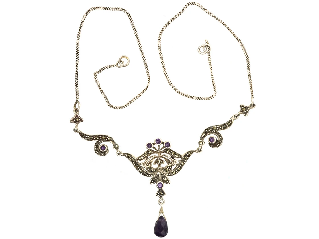Silver, Marcasite & Amethyst Necklace 4 Silver, Marcasite & Amethyst Necklace - Image 2