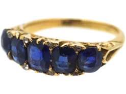 Victorian 18ct Gold Five Stone Sapphire & Rose Diamond Carved Half Hoop Ring -Antique Jewellery Company DSC08886