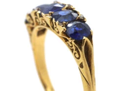 Victorian 18ct Gold Five Stone Sapphire & Rose Diamond Carved Half Hoop Ring -Antique Jewellery Company DSC08904