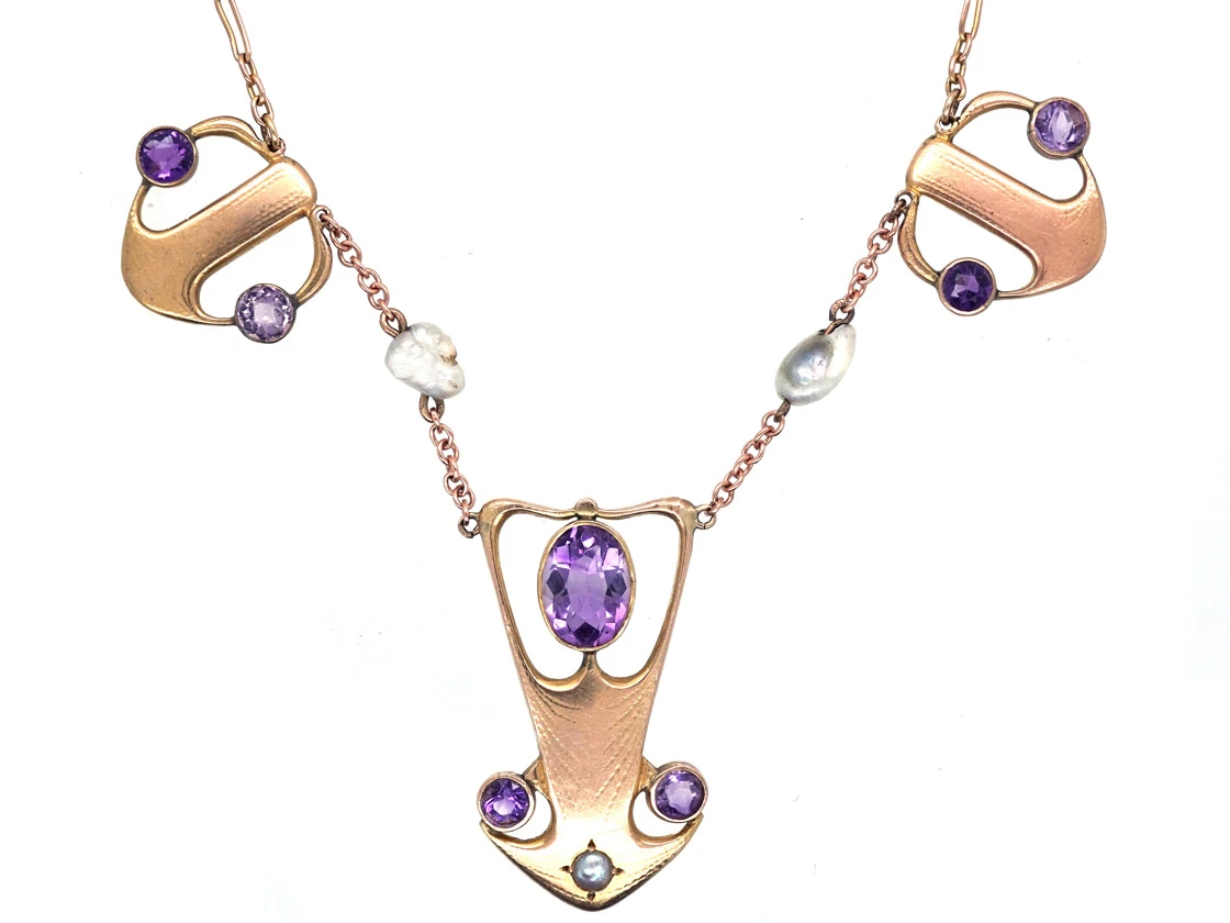 Art Nouveau 9ct Gold Necklace Set With Amethysts & Pearls 3 Art Nouveau 9ct Gold Necklace Set With Amethysts & Pearls