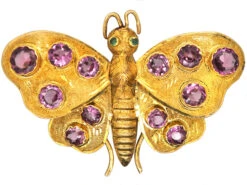 Regency 15ct Gold Butterfly Brooch Set With Garnets & Cabochon Emerald Eyes