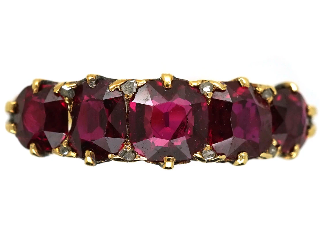Victorian Carved Half Hoop 18ct Gold Five Stone Ruby Ring 3 Victorian Carved Half Hoop 18ct Gold Five Stone Ruby Ring