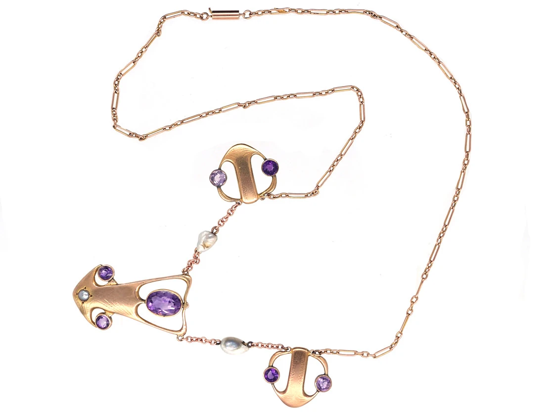 Art Nouveau 9ct Gold Necklace Set With Amethysts & Pearls 9 Art Nouveau 9ct Gold Necklace Set With Amethysts & Pearls - Image 7