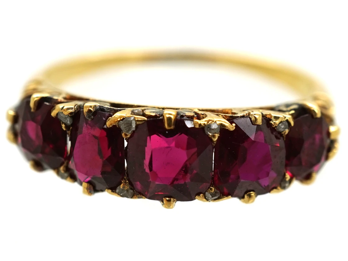 Victorian Carved Half Hoop 18ct Gold Five Stone Ruby Ring 5 Victorian Carved Half Hoop 18ct Gold Five Stone Ruby Ring - Image 3
