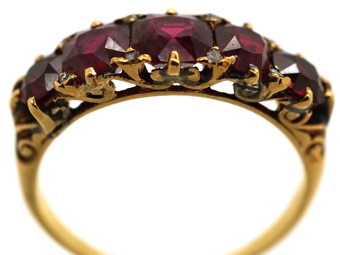 Victorian Carved Half Hoop 18ct Gold Five Stone Ruby Ring 6 Victorian Carved Half Hoop 18ct Gold Five Stone Ruby Ring - Image 4