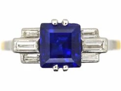 Art Deco 18ct Gold & Platinum Ring Set With A Sapphire & Baguette Cut Diamonds