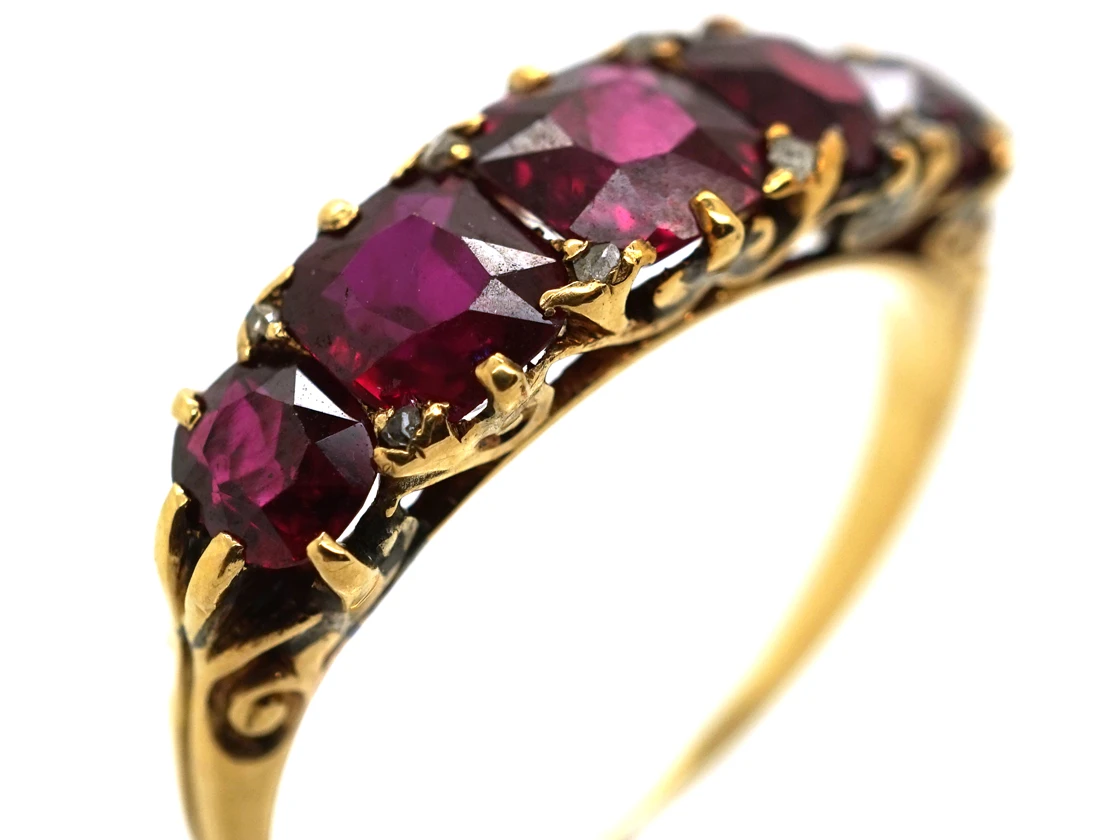 Victorian Carved Half Hoop 18ct Gold Five Stone Ruby Ring 7 Victorian Carved Half Hoop 18ct Gold Five Stone Ruby Ring - Image 5