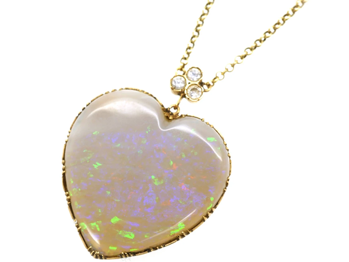 Edwardian Large Opal Heart Pendant With Diamond Top On 14ct Gold Chain 7 Edwardian Large Opal Heart Pendant With Diamond Top On 14ct Gold Chain - Image 5