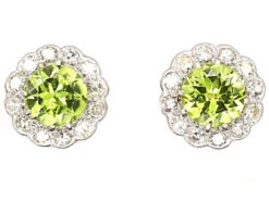 Edwardian 18ct White Gold Cluster Earrings Set With Peridots & Diamonds