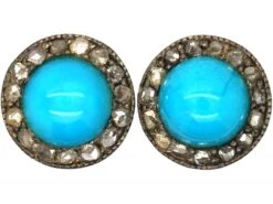 Edwardian 15ct Gold & Platinum, Turquoise & Rose Diamond Small Round Earrings