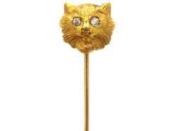 Edwardian 18ct Gold Cat Tie Pin With Diamond Eyes