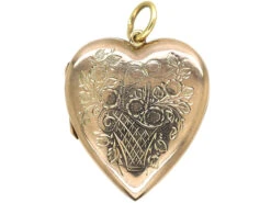Edwardian 9ct Gold Heart Shaped Locket With Flower Basket Detail