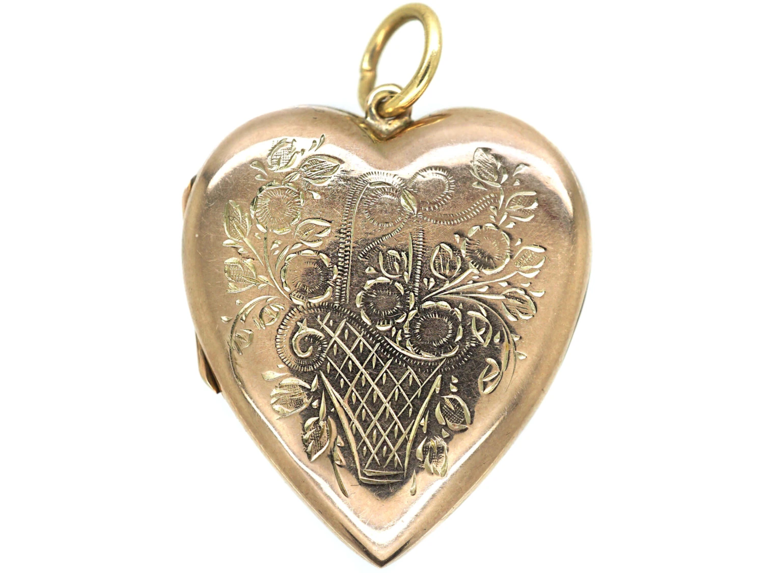 Edwardian 9ct Gold Heart Shaped Locket With Flower Basket Detail 3 Edwardian 9ct Gold Heart Shaped Locket With Flower Basket Detail