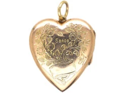 Edwardian 9ct Gold Heart Shaped Locket With Flower Basket Detail 9 Edwardian 9ct Gold Heart Shaped Locket With Flower Basket Detail -Antique Jewellery Company DSC09204