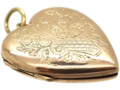 Edwardian 9ct Gold Heart Shaped Locket With Flower Basket Detail 8 Edwardian 9ct Gold Heart Shaped Locket With Flower Basket Detail -Antique Jewellery Company DSC09215