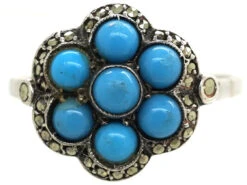 Art Deco Silver, Marcasite & Blue Glass Cluster Ring -Antique Jewellery Company DSC09302