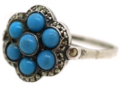 Art Deco Silver, Marcasite & Blue Glass Cluster Ring -Antique Jewellery Company DSC09304