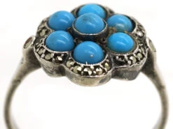 Art Deco Silver, Marcasite & Blue Glass Cluster Ring -Antique Jewellery Company DSC09305