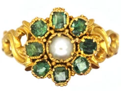 Regency 15ct Gold, Emerald & Natural Split Pearl Flower Cluster Ring With Ornate Shoulders