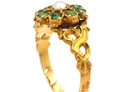 Regency 15ct Gold, Emerald & Natural Split Pearl Flower Cluster Ring With Ornate Shoulders -Antique Jewellery Company DSC09335 Recovered
