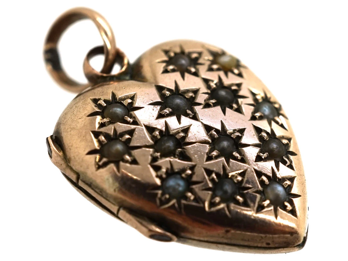 Edwardian 9ct Gold Heart Shaped Locket Studded With Natural Split Pearls 4 Edwardian 9ct Gold Heart Shaped Locket Studded With Natural Split Pearls - Image 2