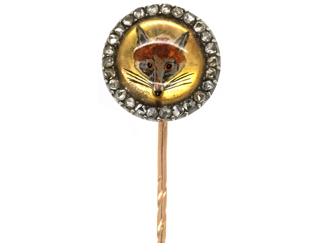 Victorian Fox Head Reverse Intaglio Rock Crystal & Rose Diamond Tie Pin 3 Victorian Fox Head Reverse Intaglio Rock Crystal & Rose Diamond Tie Pin