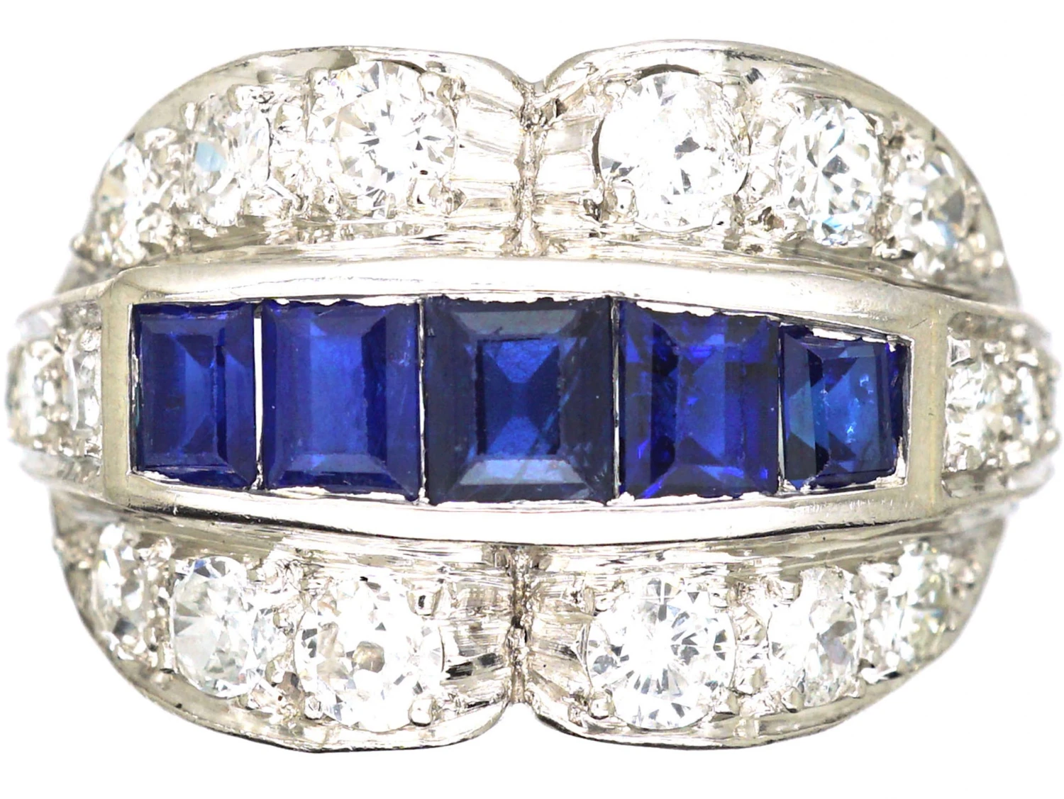 Art Deco Platinum Double Buckle Ring Set With Calibre Sapphires & Diamonds 3 Art Deco Platinum Double Buckle Ring Set With Calibre Sapphires & Diamonds