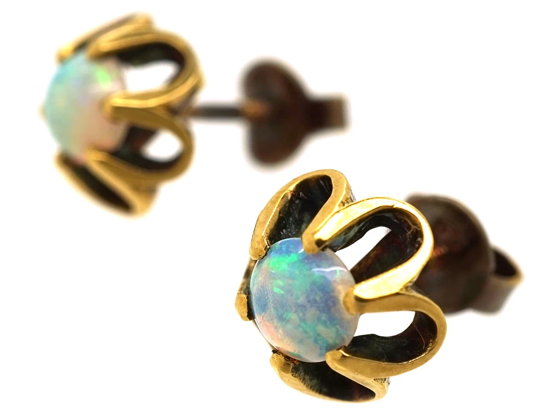 Retro 18ct Gold & Opal Stud Earrings 4 Retro 18ct Gold & Opal Stud Earrings - Image 2