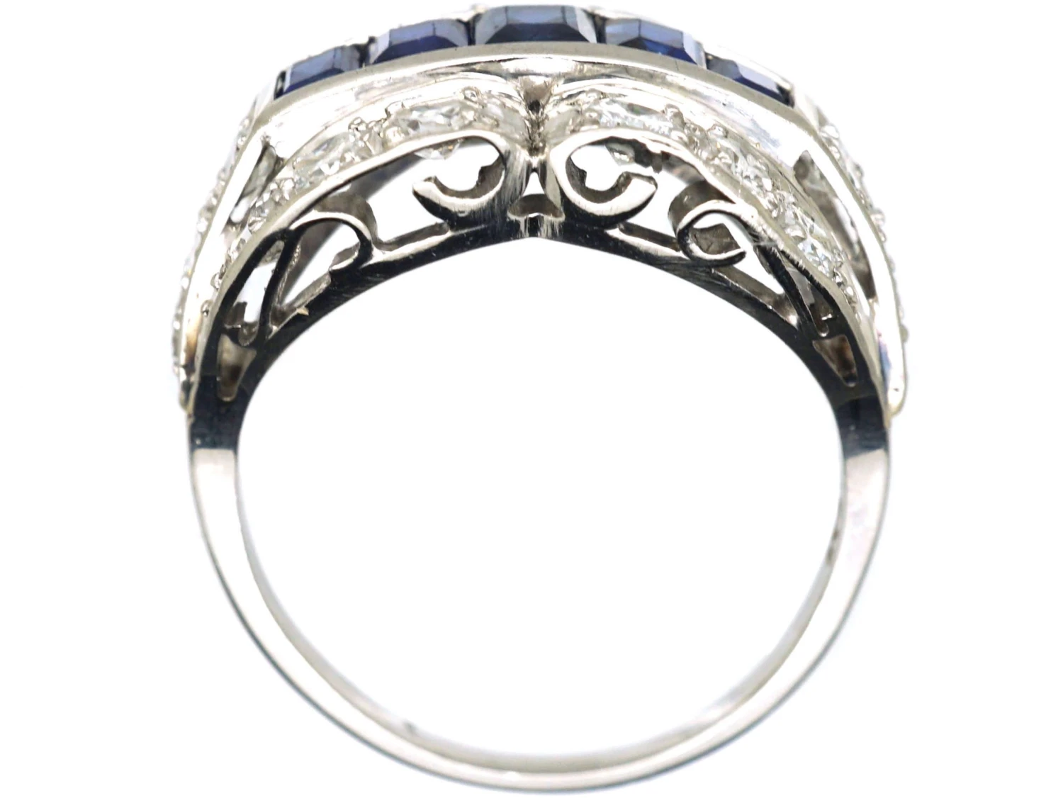 Art Deco Platinum Double Buckle Ring Set With Calibre Sapphires & Diamonds 5 Art Deco Platinum Double Buckle Ring Set With Calibre Sapphires & Diamonds - Image 3