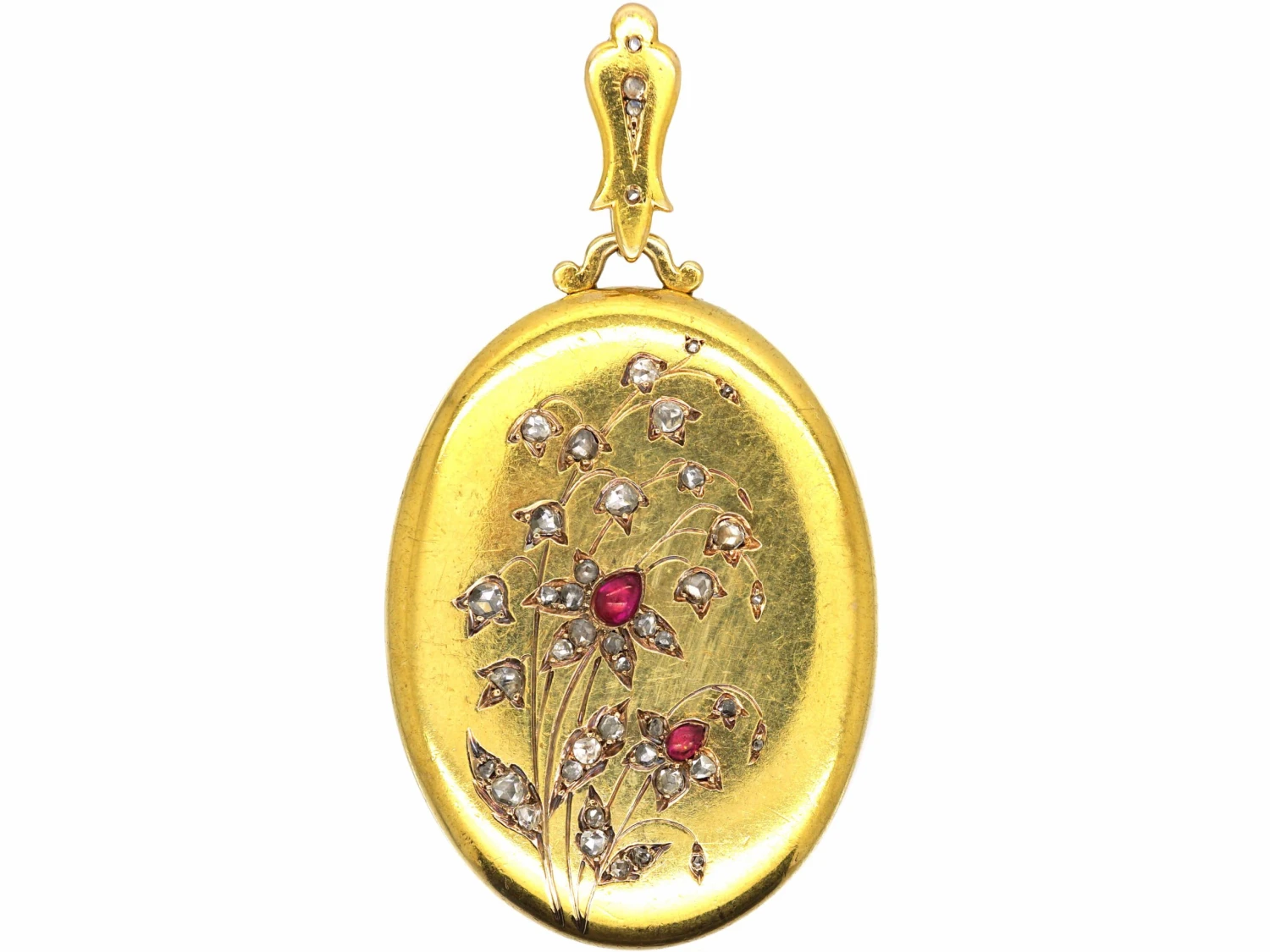 French 19th Century 18ct Gold Locket With Flower Motif Set With Cabochon Rubies & Rose Diamonds 3 French 19th Century 18ct Gold Locket With Flower Motif Set With Cabochon Rubies & Rose Diamonds