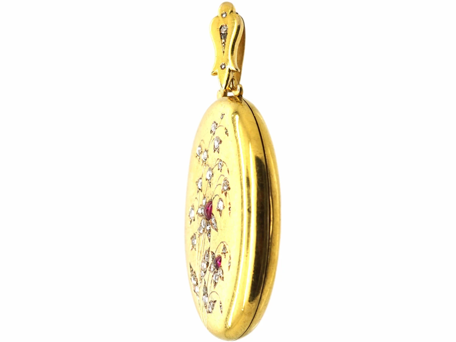 French 19th Century 18ct Gold Locket With Flower Motif Set With Cabochon Rubies & Rose Diamonds 4 French 19th Century 18ct Gold Locket With Flower Motif Set With Cabochon Rubies & Rose Diamonds - Image 2