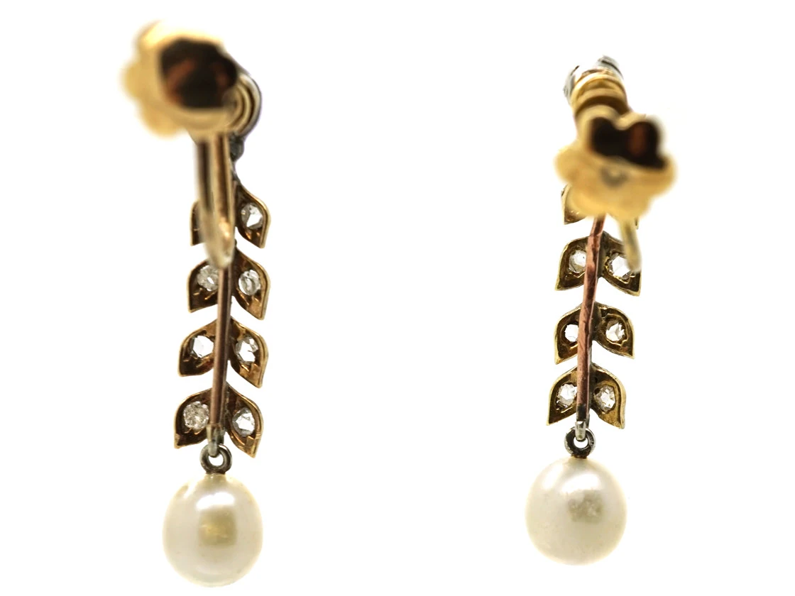 Edwardian 15ct Gold & Platinum, Diamond & Pearl Drop Earrings 7 Edwardian 15ct Gold & Platinum, Diamond & Pearl Drop Earrings - Image 5