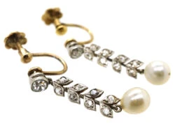 Edwardian 15ct Gold & Platinum, Diamond & Pearl Drop Earrings 11 Edwardian 15ct Gold & Platinum, Diamond & Pearl Drop Earrings -Antique Jewellery Company DSC09461
