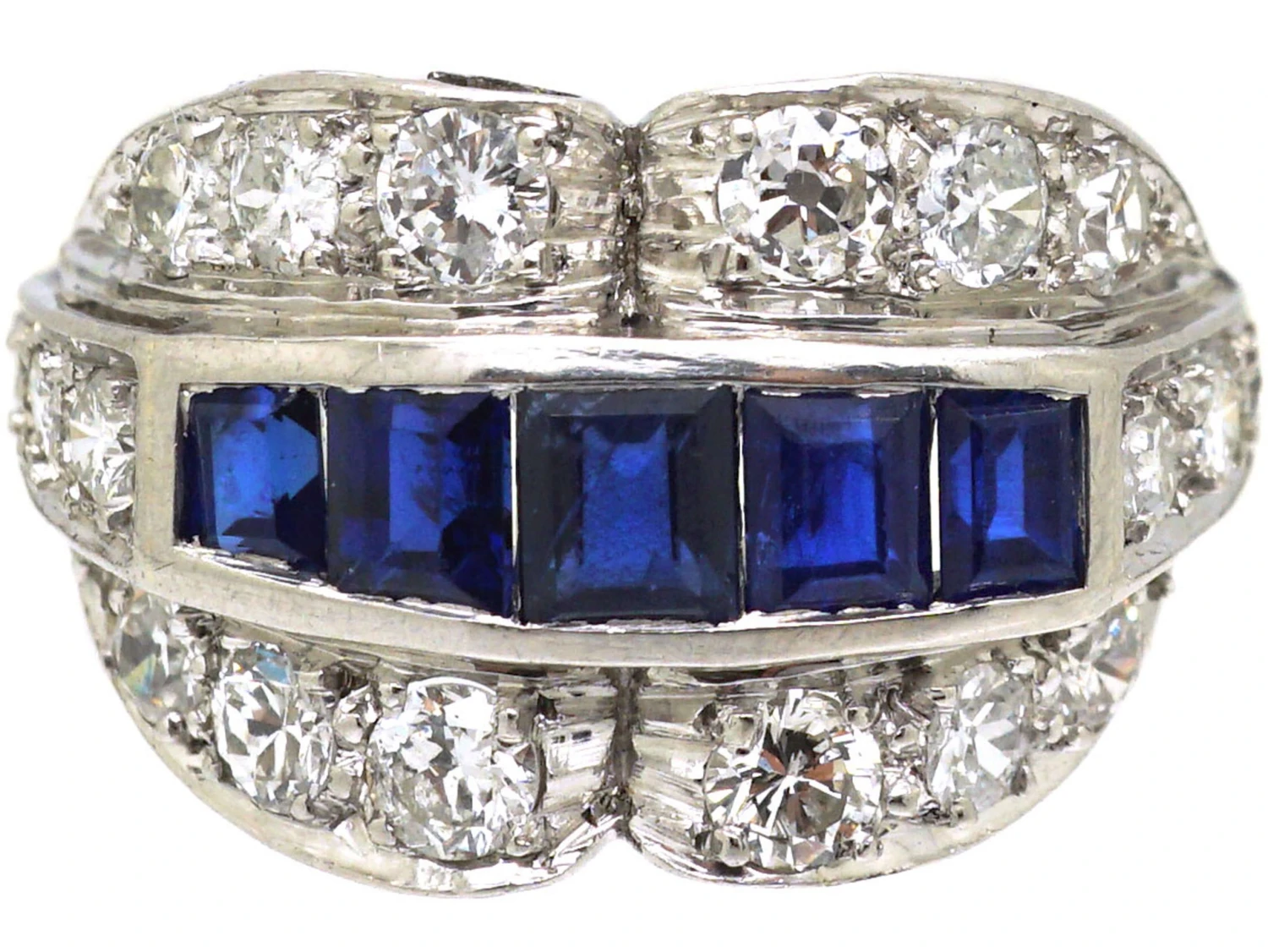 Art Deco Platinum Double Buckle Ring Set With Calibre Sapphires & Diamonds 9 Art Deco Platinum Double Buckle Ring Set With Calibre Sapphires & Diamonds - Image 7
