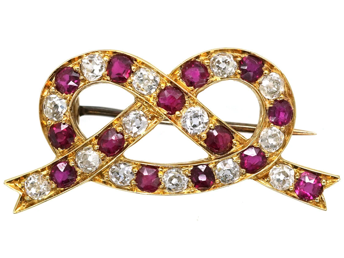 Edwardian 15ct Gold, Ruby & Diamond Lover’s Knot Brooch 3 Edwardian 15ct Gold, Ruby & Diamond Lover’s Knot Brooch