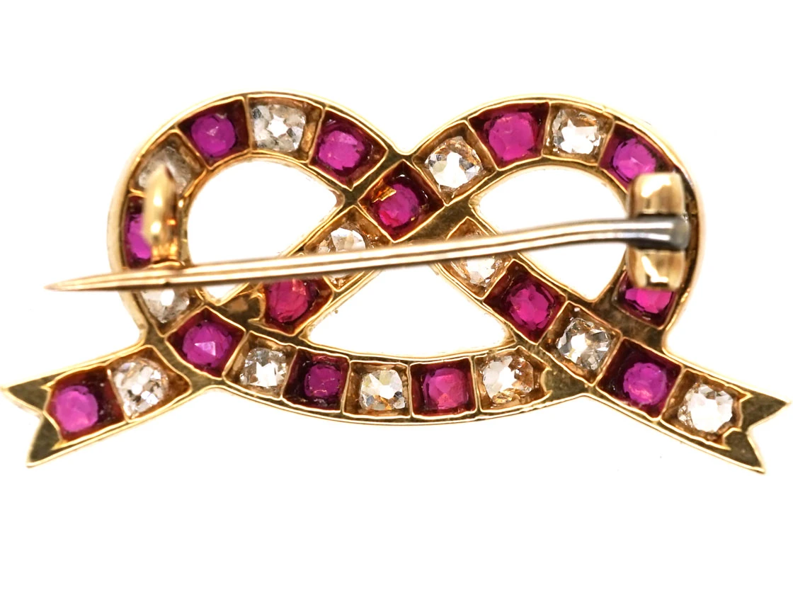 Edwardian 15ct Gold, Ruby & Diamond Lover’s Knot Brooch 5 Edwardian 15ct Gold, Ruby & Diamond Lover’s Knot Brooch - Image 3
