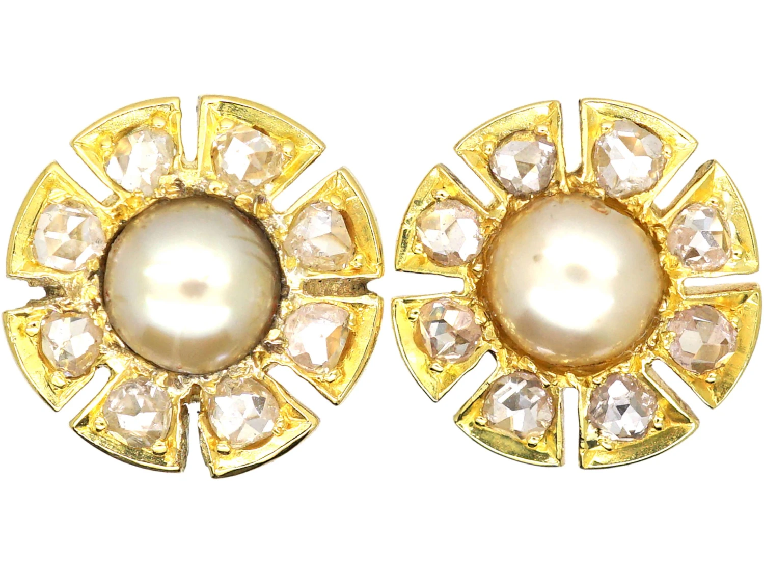 Victorian 18ct Gold, Rose Diamond & Natural Split Pearl Flower Earrings 3 Victorian 18ct Gold, Rose Diamond & Natural Split Pearl Flower Earrings