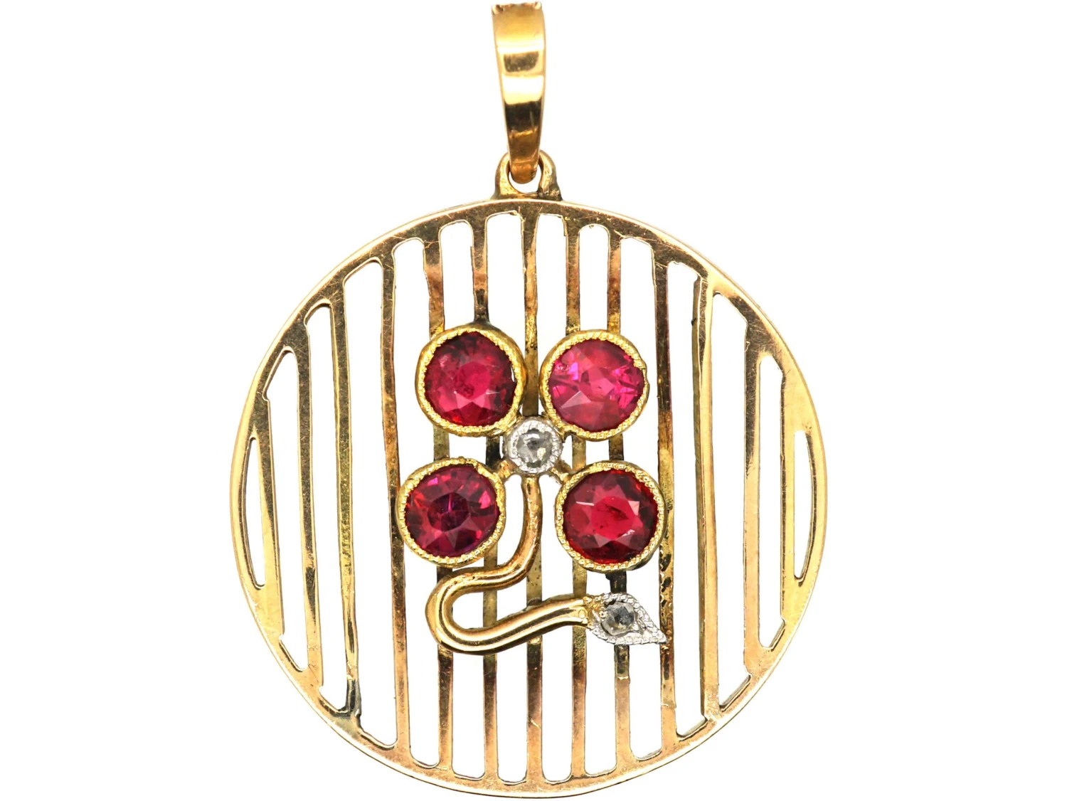 Art Deco 15ct Gold Round Pendant With Ruby & Rose Diamond Flower 3 Art Deco 15ct Gold Round Pendant With Ruby & Rose Diamond Flower