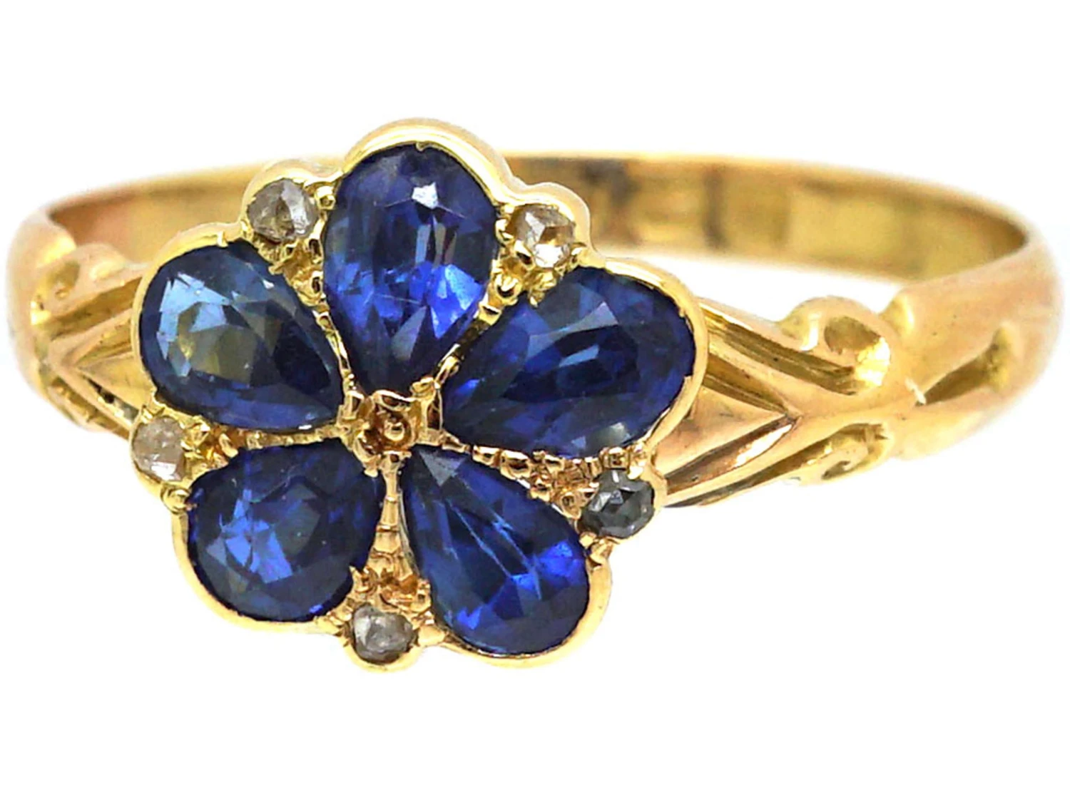 Edwardian 18ct Gold, Sapphire & Rose Diamond Pansy Cluster Ring 9 Edwardian 18ct Gold, Sapphire & Rose Diamond Pansy Cluster Ring - Image 7
